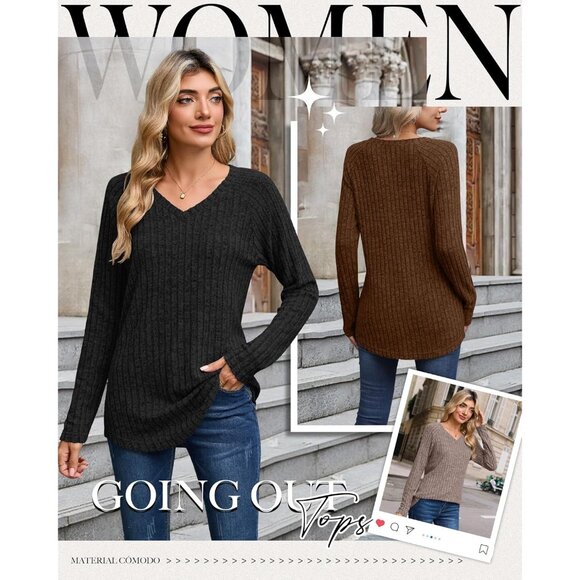 3 Pack Womens Long Sleeve V Neck Tunic Tops Lightweight Casual Fall Clothes - Picture 5 of 5